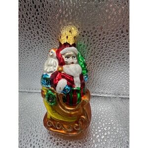 Vintage Blown Glass Santa With Toys Ornament Gold‎ Sack Mid Century Christmas